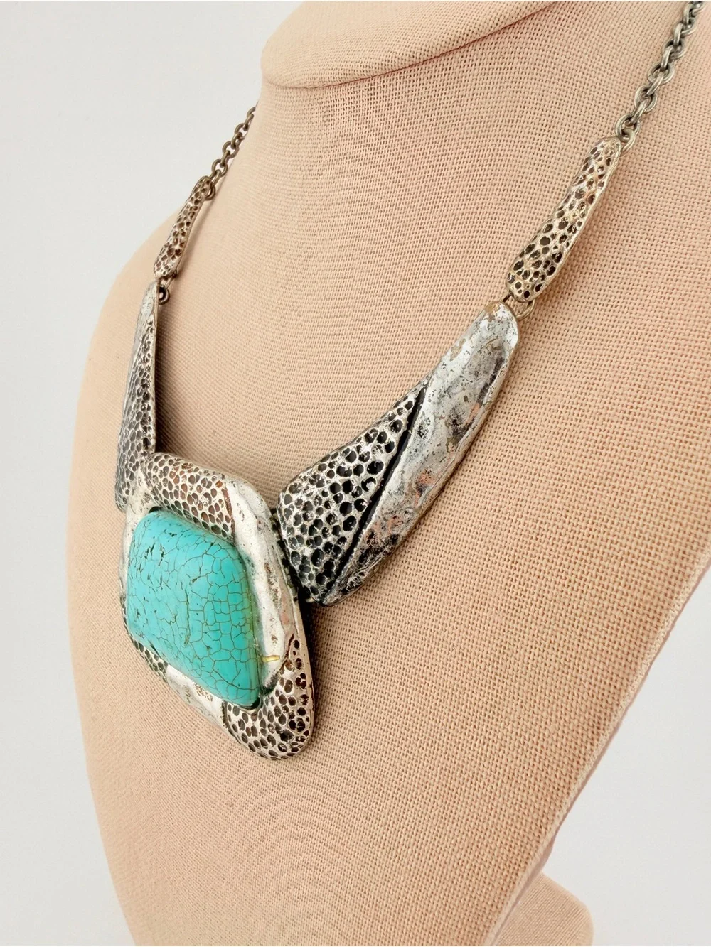 Boho Faux Turquoise Silver Statement Bib Necklace